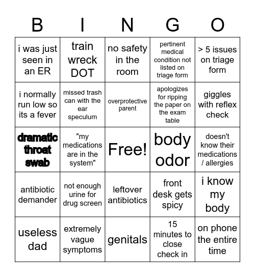 Urgent Care Bingo 3.20.2023 Bingo Card