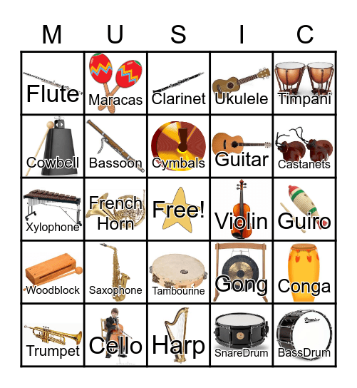 Musical Instruments w/Pictures Bingo Card