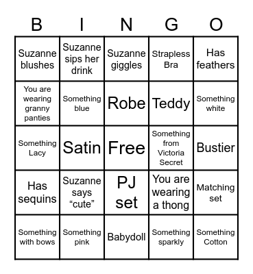 Suzanne’s Bridal Lingerie Bingo Card