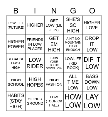 HIGH OR LOW Bingo Card