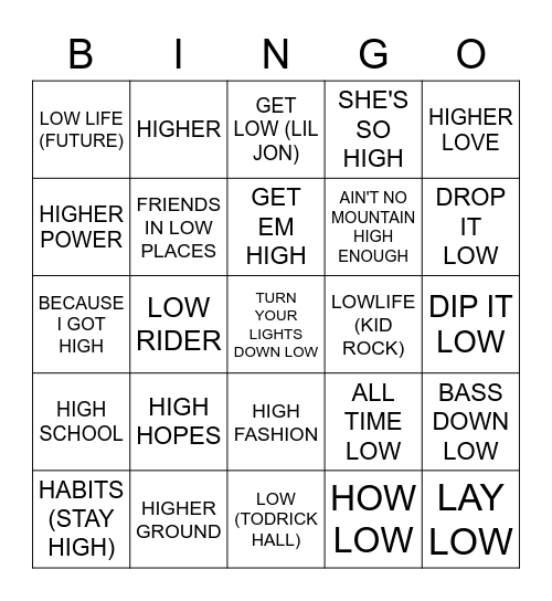 HIGH OR LOW Bingo Card
