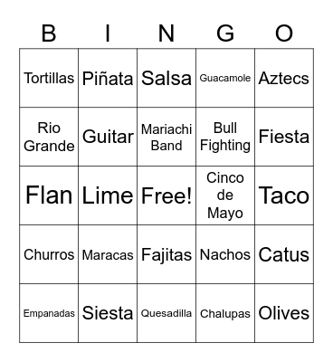Hispanic Bingo Card