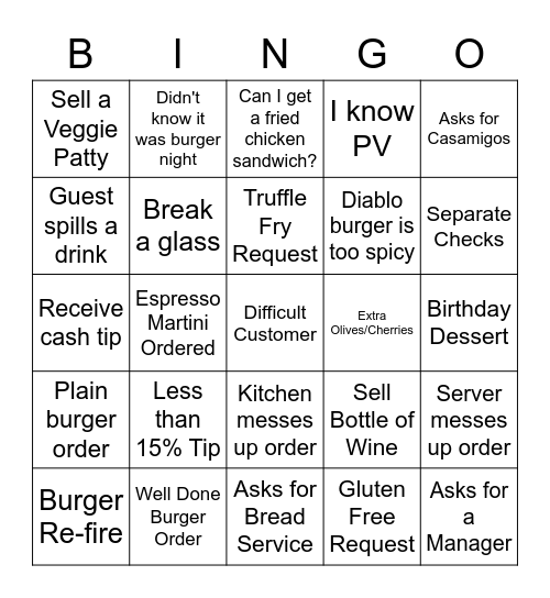 Burger Night Bingo Card