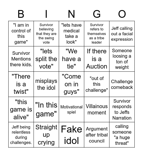 Survivor Bingo Card