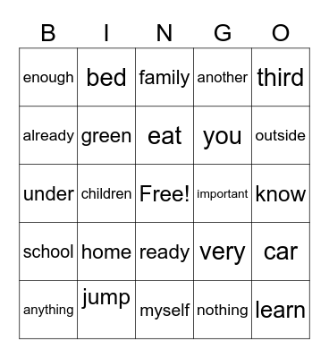 SIGHT WORDS Bingo Card