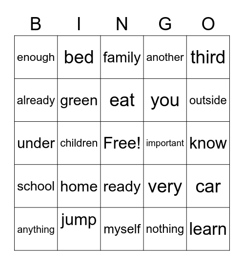 SIGHT WORDS Bingo Card