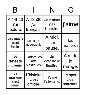 Les Matières Bingo Card