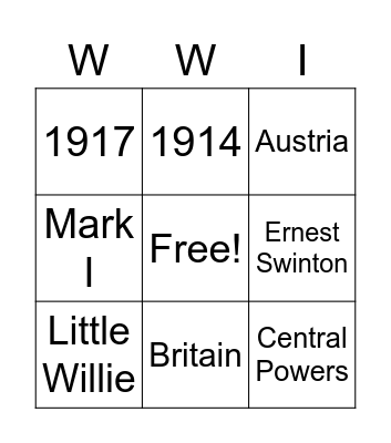 WWI Tank Bingo Card