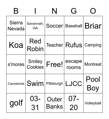 Caleb and Tiffany Bingo Card