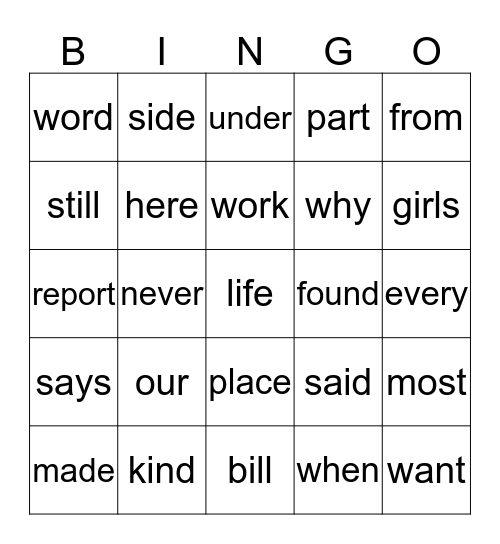Spelling List 15 Bingo Card