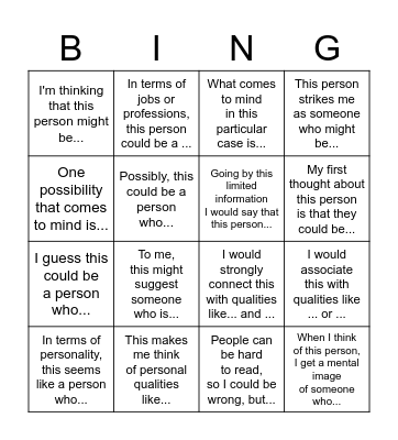Describing People Bingo Card