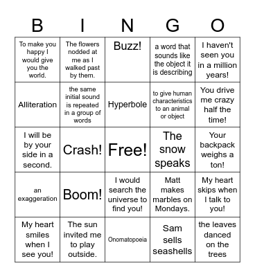 Onomatopoeia, Hyperbole, or Alliteration? Bingo Card