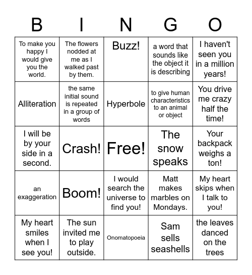 Onomatopoeia, Hyperbole, or Alliteration? Bingo Card