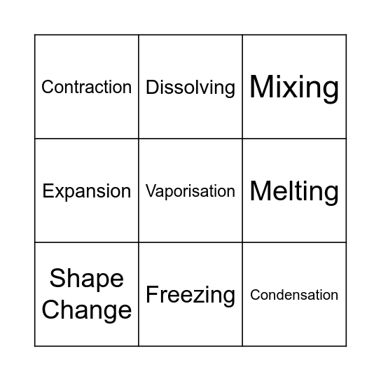 Physical Changes Bingo Card