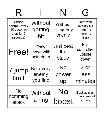 Sonic the hedgehog challenge Bingo Card