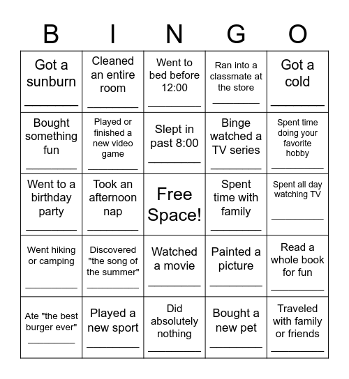 Classmate Spring Break Bingo Card