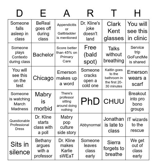 March 20-24 Bingo Card