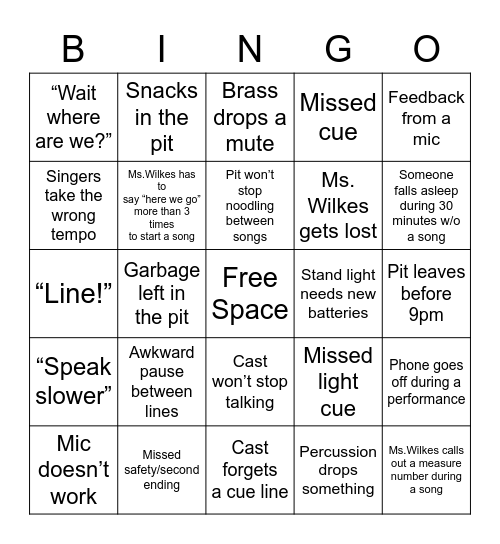 Pit Orchestra Tech Week Bingo Card