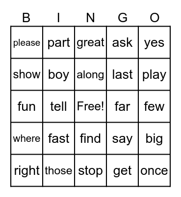 Sight Words Bingo 1 Bingo Card