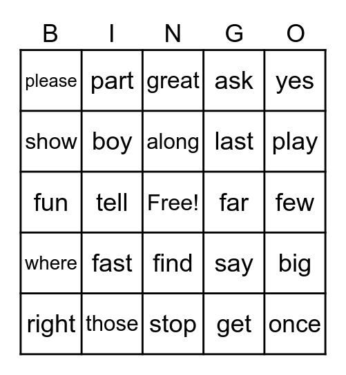 Sight Words Bingo 1 Bingo Card