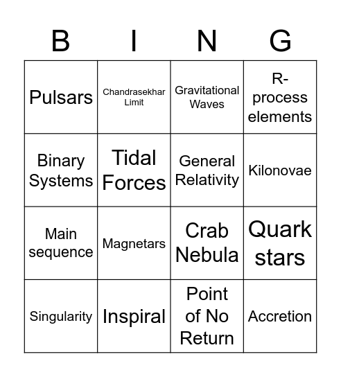 Seminar 2: Stellar Remnants Bingo Card
