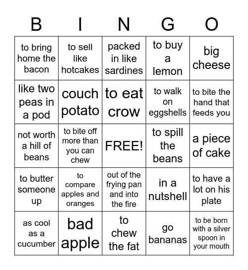 Food Idioms Bingo Card