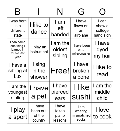 Music Classmates Bingo Card
