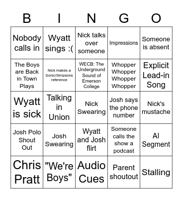 Boy Time Bingo Card