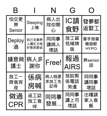 Nurse bingo Card