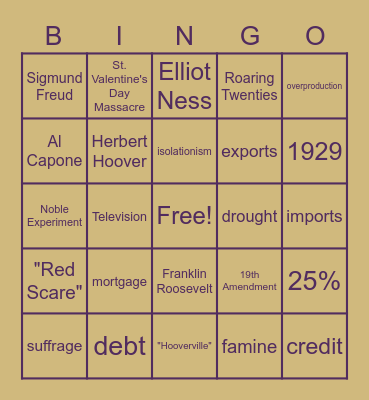 Great Depression Bingo Card