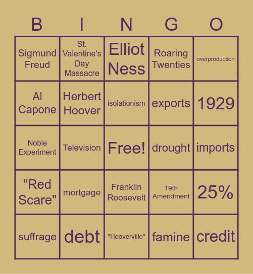 Great Depression Bingo Card