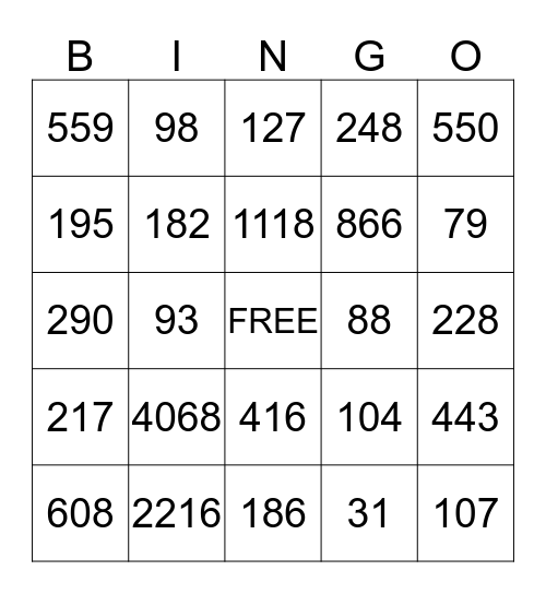 Long Division Bingo Card