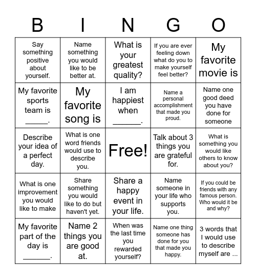 All About Me ! Bingo Card