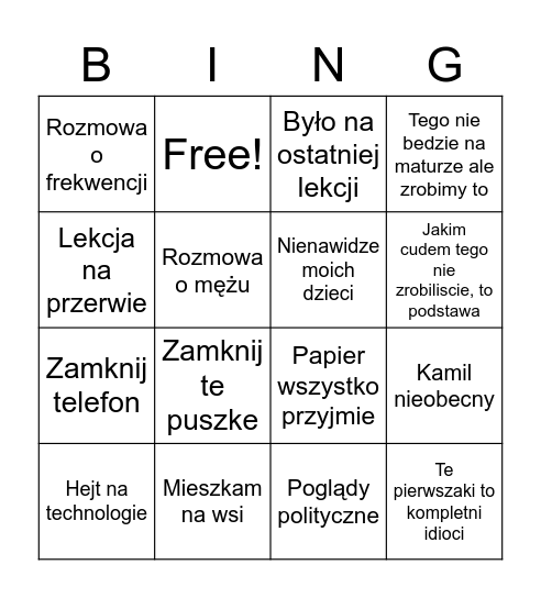 Matematyka Bingo Card