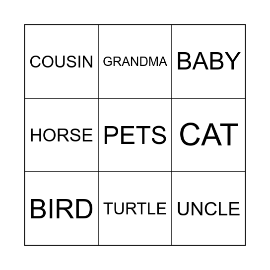 Family and Pets bingo Card