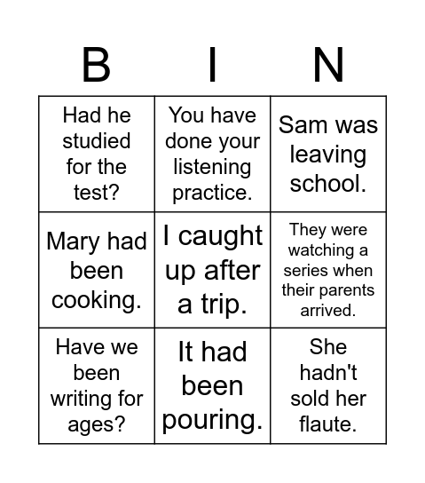 Past Tenses Bingo Card