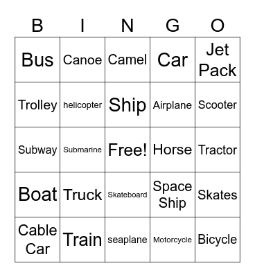 Transportation Bingo Card