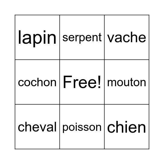 Bingo en français Bingo Card