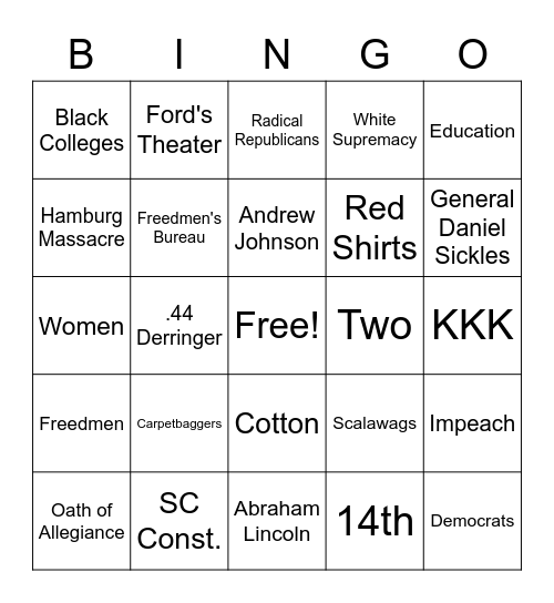 Reconstruction Era Bingo Card