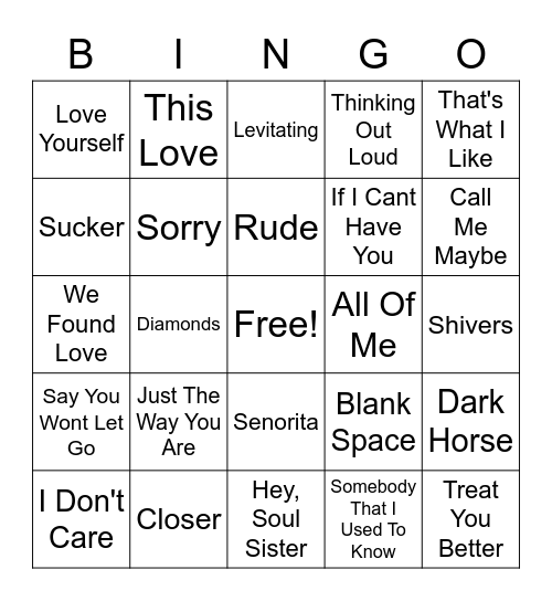 Pop Love Songs Bingo Card