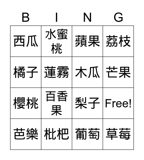 各種水果 Bingo Card