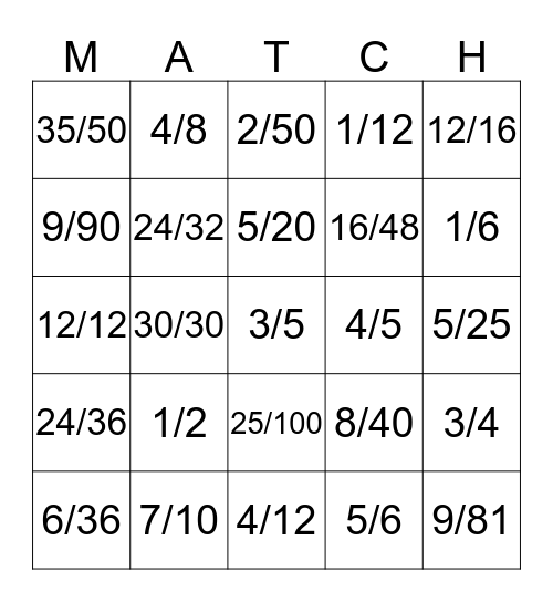 Match my Fraction! Bingo Card