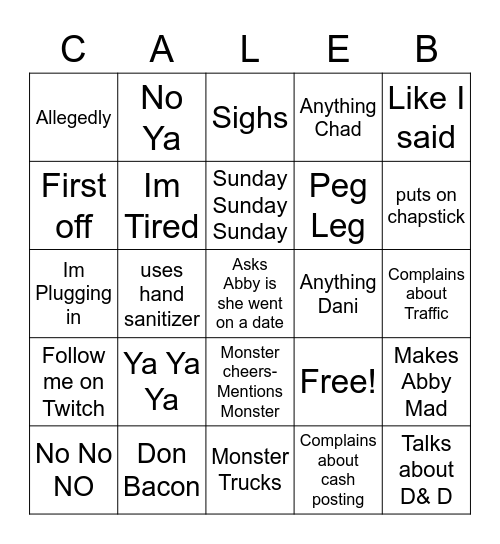 Caleb Bingo Card