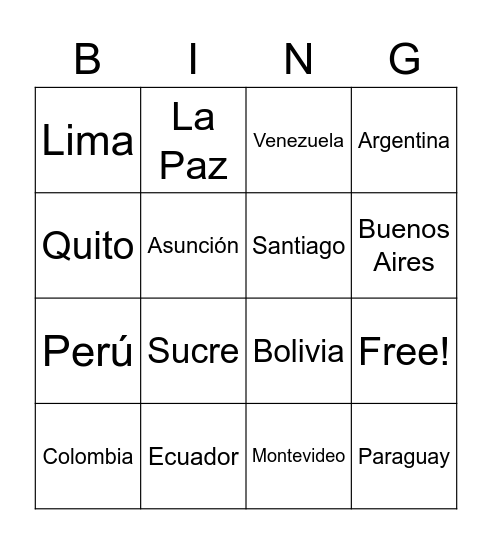 South America Countries and Capitals Bingo Card