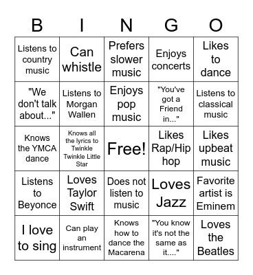 Get to know you Music BINGO Card