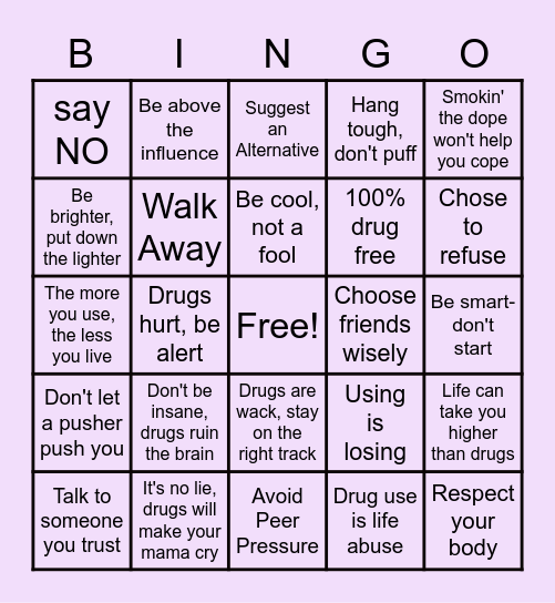 DRUG FREE BINGO Card