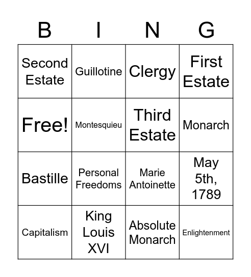 Enlightenment and French Revolution Bingo Card