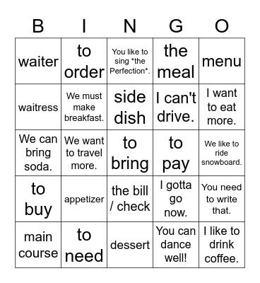Modal und Restaurant Bingo Card