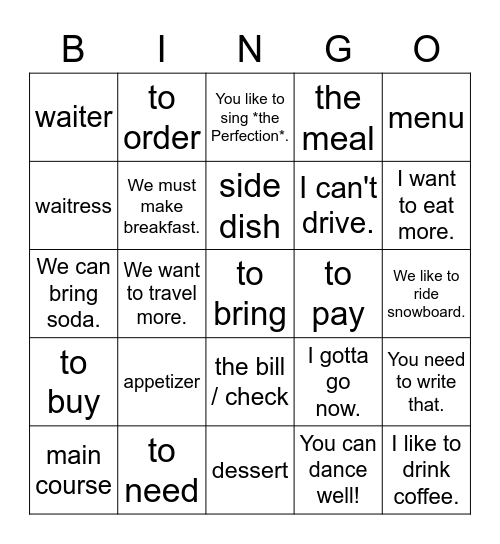 Modal und Restaurant Bingo Card