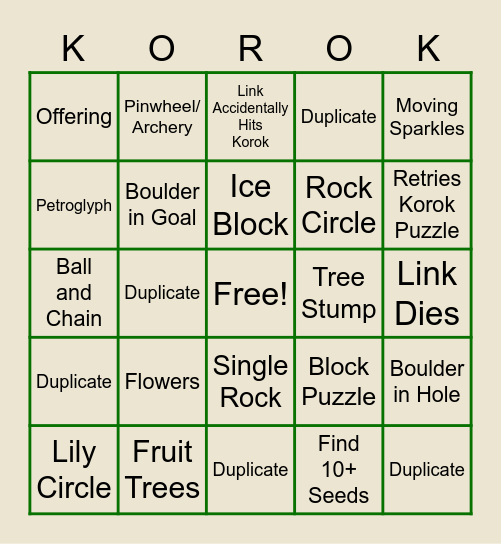 Korok Seed Finding Bingo Card